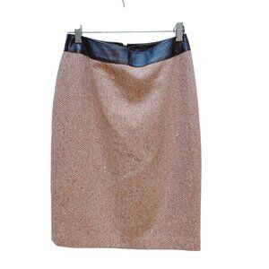 Lafayette 148 NY Tan Brown Tweed Pencil Skirt Faux Leather Waistband 2